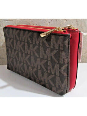 Michael Kors Jet Set Travel Double Zip Gusset Wristlet Wallet Brown / Lipstick